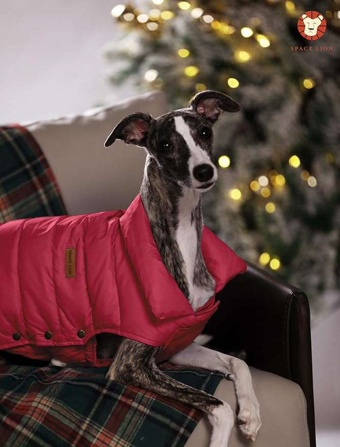 SPACE LION Dog Puffer Jacket, Down Winter Coat, Durable Outdoor Coat for Cold and Windy Conditions, Waterproof, Lightweight Jacket, Adjustable Fit for Small, Medium, Large Dogs(Red,12/M)