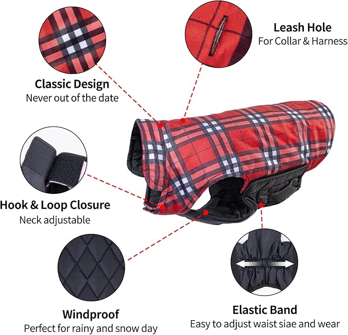 CuteBone Winter Dog Jacket - Reversible, Adjustable, Windproof & Waterproof - Thick Dog Coat for Small to Large Dogs