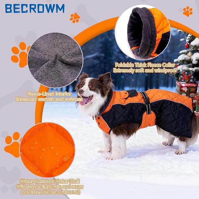 Dog Coat Dogs Winter Coat- Fleece Lined,Water-Resistant,Convertible Collar,Back Reflective Strip&Easy to Wear for Outdoor Walking Dog-Jacket(Orange, Large)