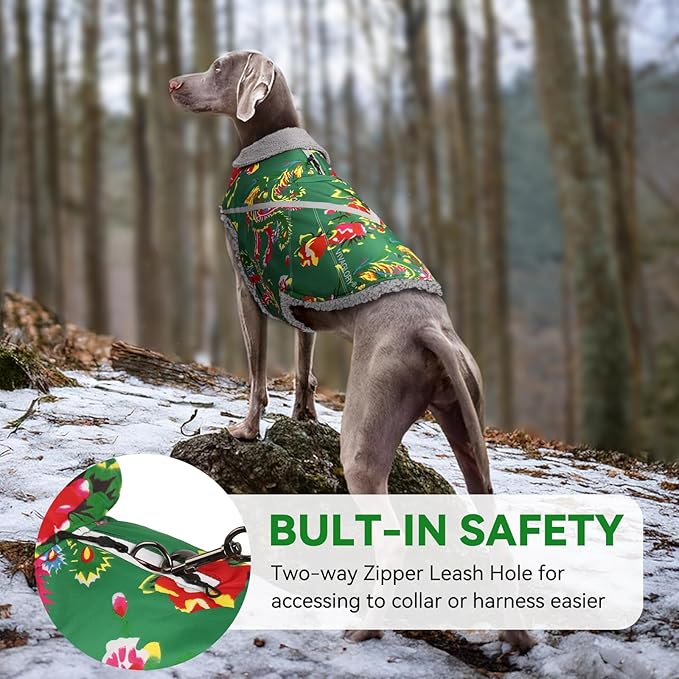 VIVAGLORY Snowrap Dog Coat, Jacket with Harness Hole & Velcro Closure, Dog Coat for Winter & Cold Weather, Fluffy Warm Fleece Lined Reflective Water Resistant for Puppy, XS, Northeast Florals-Green