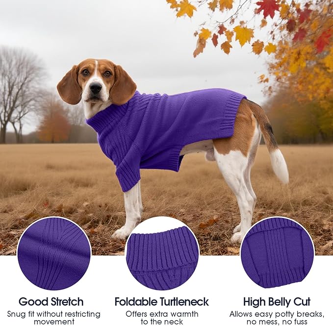 IECOii Dog Sweaters for Medium Dogs Girl Boy,Holiday Knit Doggy Sweatshirt with Sleeve,Turtleneck Thick Warm Dog Sweaters for Winter,Pullover Knitwear for French Bulldog,Boston Terrier (Purple, L)