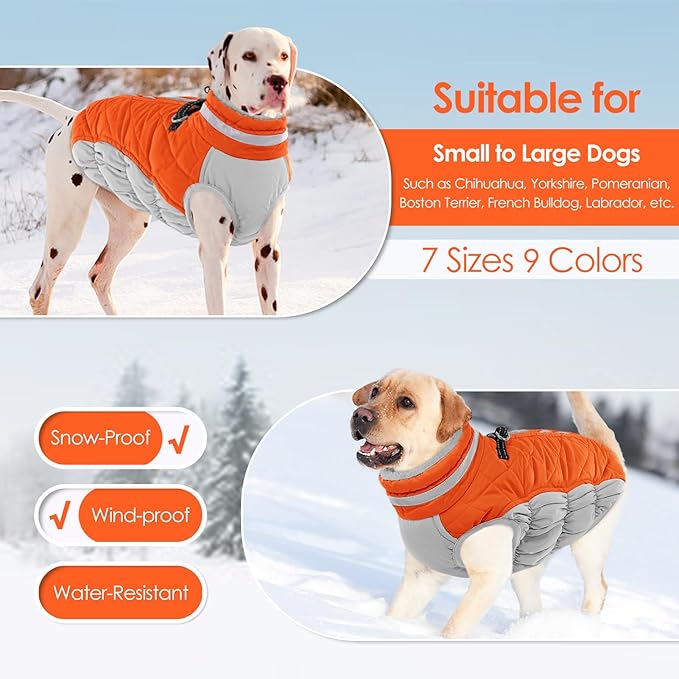 AOFITEE Dog Coat, Warm Dog Jackets for Large Dogs, Reflective Turtleneck Dogs Winter Coat with Harness Built in, Waterproof Windproof Pet Snow Jacket Fleece Vest for Cold Weather, Orange XXL