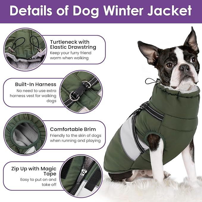 SUNFURA Small Dog Coat with Harness Built in, Warm Dog Jacket Winter with Zipper On Back, Waterproof Pet Snow Jacket Snowsuit Pet Sweater Clothes for Schnauzer, Yorkshire Terrier, Army Green S