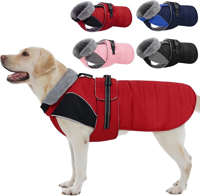 Nanaki Large Dog Coats for Winter Waterproof, Warm Fleece Lining Reflective Large Dog Jacket with Leash Hole,Furry Collar Cold Weather Puppy Jacket Outdoor Walking Hunting Easy On Pet Snow, Red 2XL
