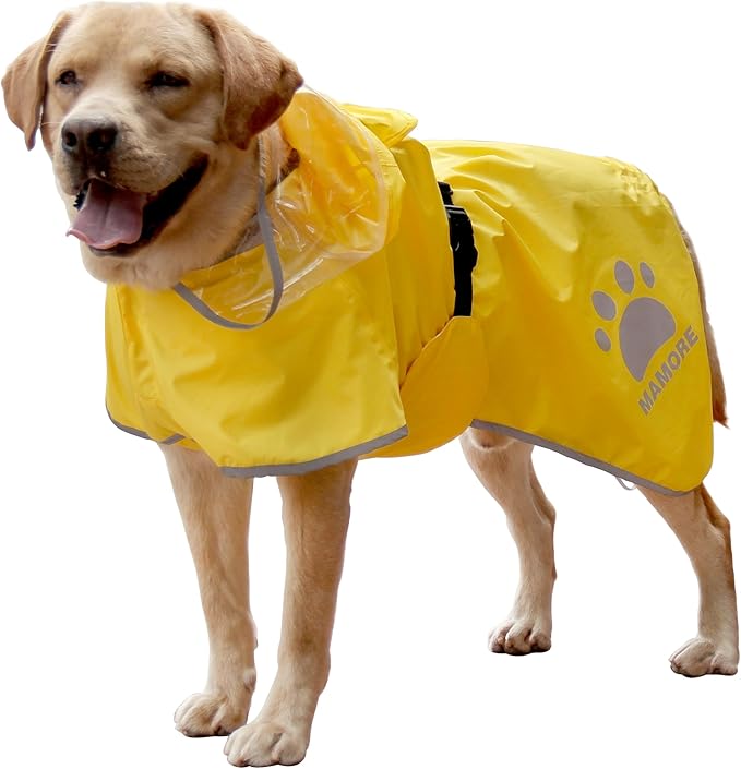 MAMORE Dog Raincoat Waterproof, Lightweight Adjustable Dog Rain Coat Hooded Poncho with Reflective Strip for Large Medium Small Dogs (Yellow, Small)