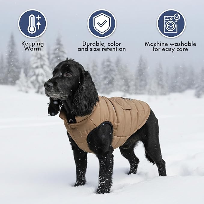 Spark Paws Dog Winter Jacket, Water-Resistant Coat, Warm Reflective Windproof Fleece-Interior, for Medium and Large Dogs - Tan - M