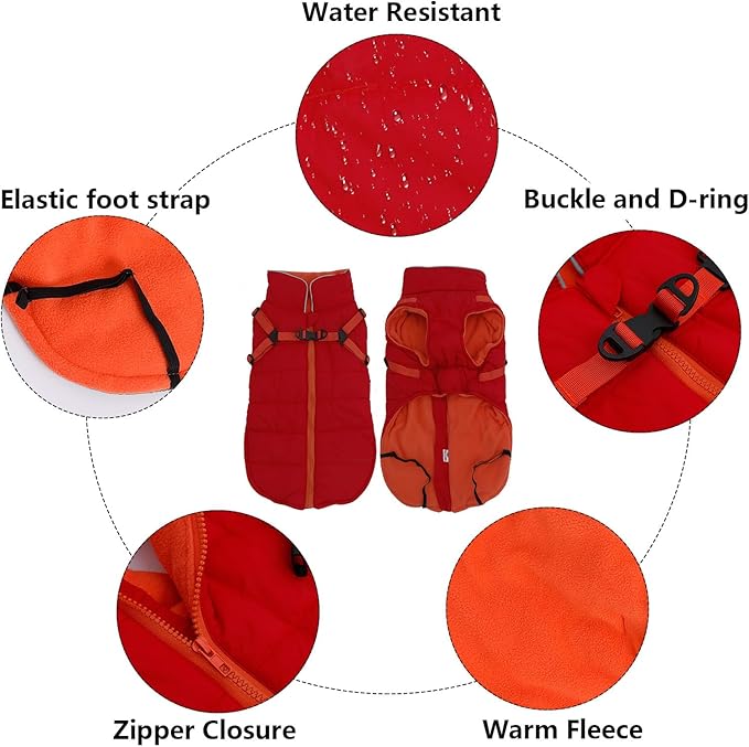 Geyecete Winter Warm Coat Waterproof Dog Winter Jacket with Harness Traction Belt,Windproof Pet Outdoor Jacket Dog Autumn-Red-M