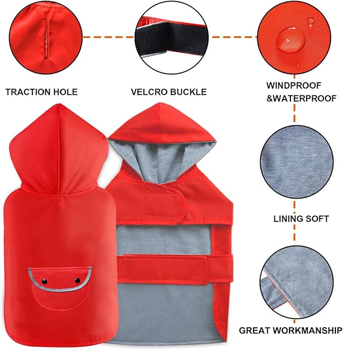 Dog Raincoat Dogs Rain Jacket Reflective Poncho Rainwear Waterproof Pet Clothes Warm Lined Pocket Hooded Leash Hole Adjustable for Puppy Small Dogs,Red,M,Back Length 10.0 Inch