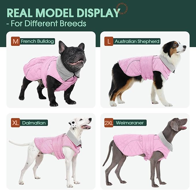 Kuoser Dog Coat, Extra Warm Dog Jacket Windproof Dogs Cold Weather Coats for Large Dogs, Fleece Lining Turtleneck Puppy Snowsuit Reflective Adjustable Pet Winter Clothes Christmas, Pink XL