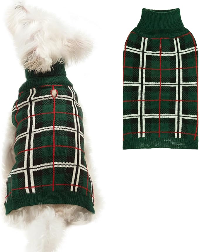 PUPTECK Dog Sweaters for Large Medium Small Dogs - Fall Classic Plaid Style Puppy Holiday Winter Coat Clothes Warm, Green, SM
