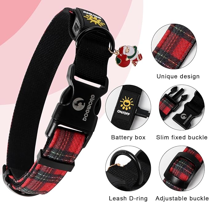 DOGWONG LED Dog Collar - Christmas Red Plaid Heavy Duty Light up Dog Collars - Rechargeable Waterproof - Lighted Dog Collars for Night Walking, Hiking, Camping(Red Plaid,S)