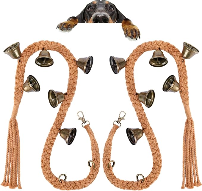 2 Pack Dog Bells for Door Potty Training, Handwoven Cotton Rope Dog Doorbell with 6 Extra Loud Bells, Adjustable Dog Door Bells for Small Medium Large Dogs to Ring to Go Outside, Brown