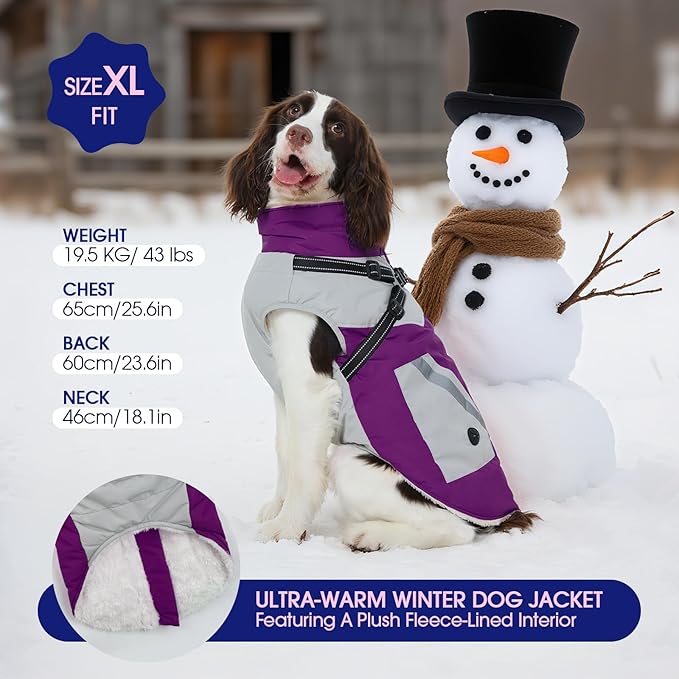 FUAMEY Dog Winter Jackets for Medium Dogs,Dog Coat with Harness Built in,Waterproof Dogs Snowsuits Warm Pet Jacket Zip Up Fleece Cold Weather Coats Reflective Puppy Vest with Pocket Purple M