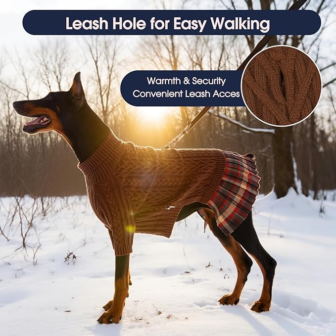 IECOii XL Dog Sweater Dress for Large Dogs Girl, Cable Knit Winter Dress for Female Dogs, Caramel,XLarge, Soft Girl Dog Sweater with Tartan Plaid Skirt Cute Turtleneck Knitwear for Cold Weather