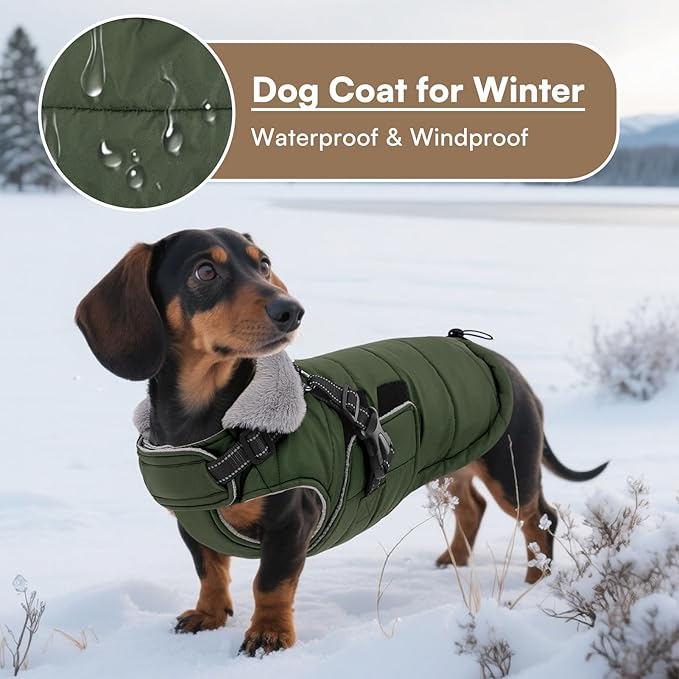 Queenmore Dog Coats for Large Dogs Winter Waterproof with Harness Built-in, Pet Puffer Warm Jacket with Harness for Snow/Cold Weather for Large Breed - Fleece Lining Easy-on Reflective, Green L