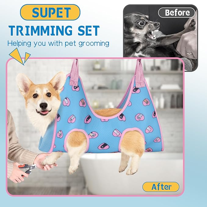 Supet Dog Grooming Hammock Harness for Dogs Cats, Relaxation Pet Nail Clipper Hammock, Restraint Dog & Large Animal Leashes Sling for Groomingk for Nail Trimming (Blue-Love, L)