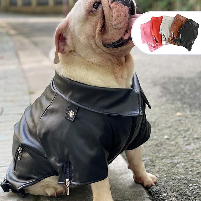 Lovelonglong Cool Dog Leather Jacket, Warm Coats Dogs Windproof Cold Weather Coats for Pugs Bulldog Pitbull Black B-S