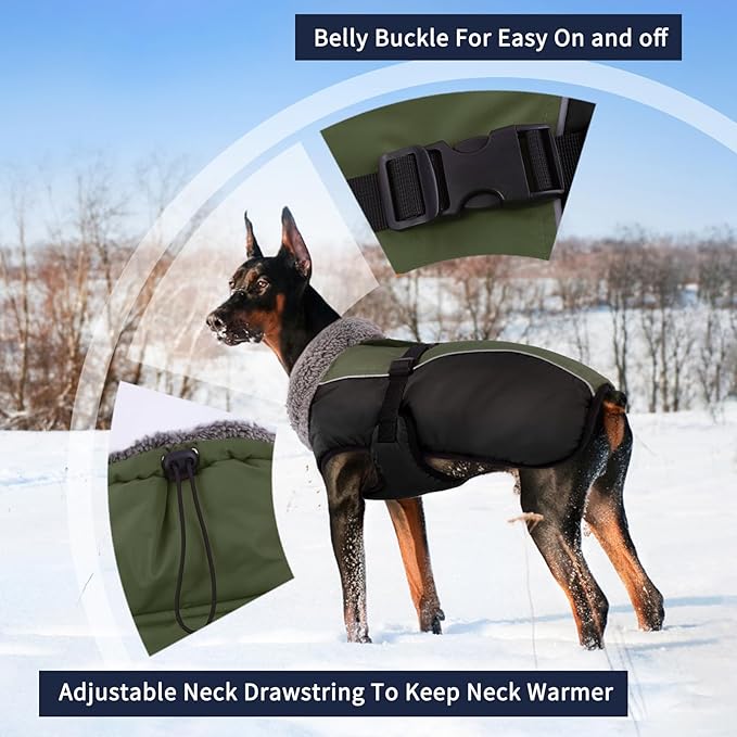 IECOii Extra Warm Dog Coat - Reflective, Adjustable Winter Jacket with Buckle & Fleece Turtleneck for Small to Extra Large Dogs