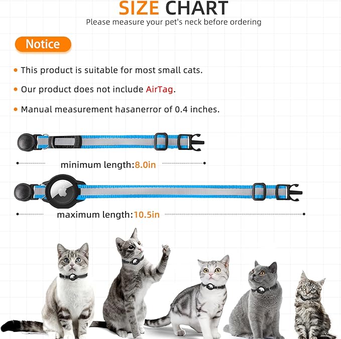 Airtag Cat Collar Breakaway, Odokele Reflective Cats Collars with Apple Air Tag Holder for Kitten, Cat GPS Tracker Adjustable Collars with Safety Quick Release Buckle for Kitties and Puppies - Blue