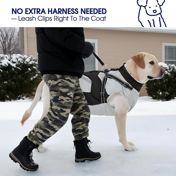 FUAMEY Dog Winter Jackets for Large Dogs,Dog Coat with Harness Built in,Waterproof Dogs Snowsuits Warm Pet Jacket Zip Up Fleece Cold Weather Coats Reflective Puppy Vest with Pocket Black XL