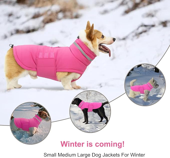 Dog Coat, Waterproof Winter Jacket, Warm Windproof Vest, Reflective Adjustable Turtleneck Coats for Large Dogs with Hook & Loop - Pink - XL
