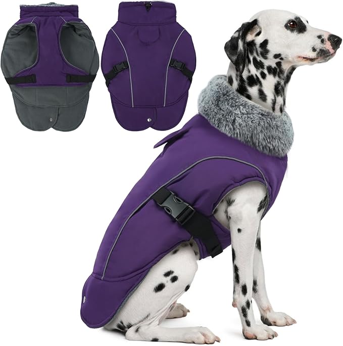 DENTRUN Large Dog Winter Coat - Windproof Reflective Warm Coat, Adjustable Neck & Snap Closure, Water Repellent Thick Fleece Vest, Fleece Lined for for Golden Retriever, Purple, XL