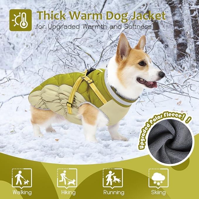 Dog Winter Coat with Harness, Dog Jacket, Pet Clothes with Zipper on Back, Waterproof Windproof Warm Vest, Reflective Cold Weather Coats, for Small Medium Large Dogs, Thick, Green, XL