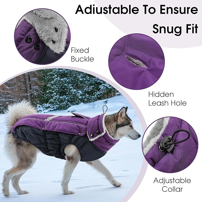 Queenmore Waterproof Dog Coat for Small Dogs,Reflective Windproof Dog Jackets with Leash Hole,Winter Dogs Coat with Zipper On Back,Warm Snowsuit with Fleece Lining（Purple,XS