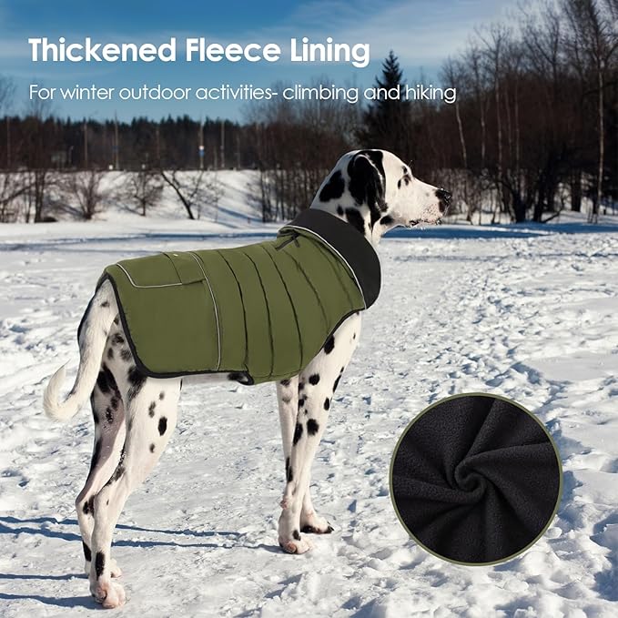 Dog Coat, Large Dog Jacket, Windproof Dogs Puffer Jacket, Fleece Lined Warm Dogs Winter Coat with Harness Hole(Army Green 3XL)