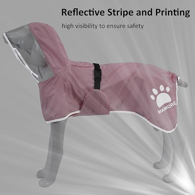 MAMORE Dog Raincoat Waterproof, Lightweight Adjustable Dog Rain Coat Hooded Poncho with Reflective Strip for Large Medium Small Dogs (Pink, XX-Large)