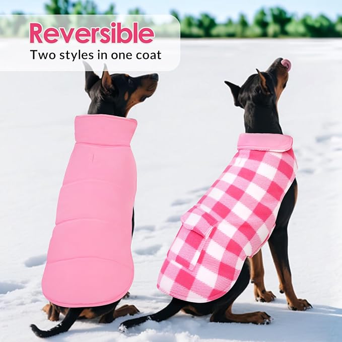 ASENKU Dog Winter Coat, Fleece Doggie Jacket Plaid Reversible Vest Waterproof Windproof Cold Weather Clothes for Small Medium Large Dogs (S, Pink)
