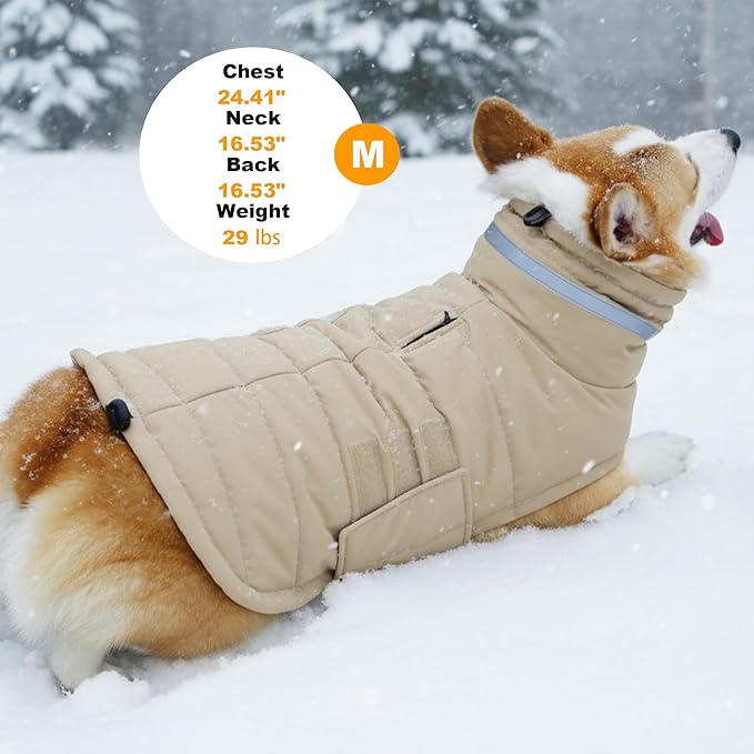 Dog Coat, Waterproof Winter Jacket, Warm Windproof Vest, Reflective Adjustable Turtleneck Coats for Large Dogs with Hook & Loop - Khaki - XL