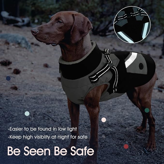 IECOii Dog Jacket Winter Harness Built in -Black,XXXLarge- Zip Up Dog Coat Winter Clothes for Large Dogs Waterproof, Dogs Snowsuit Snow Jacket D-Rring Labrador German Shepherd Doberman Rottweiler