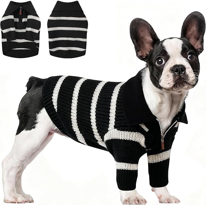 Small Dog Sweater with Zipper, Knitted Striped Pullover Dog Clothes for Cold Weather, Thick Warm Cozy Stretchy Sweater for Chihuahua, Bulldog, Dachshund, Pug(Black & White Strip, M)
