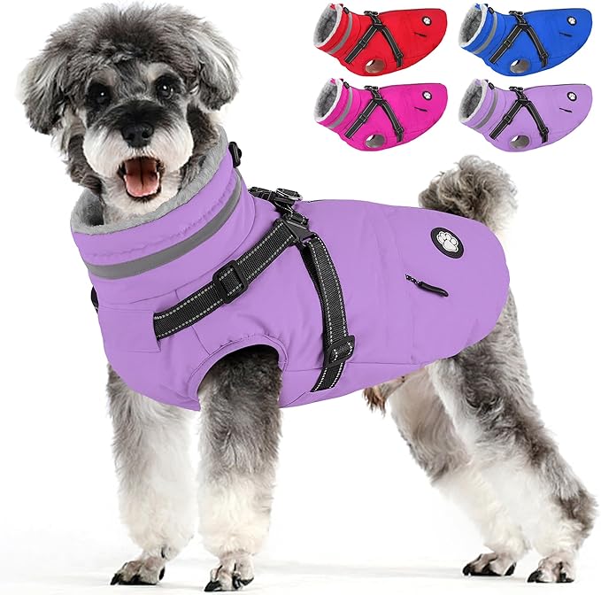 Dogcheer Dog Coat with Harness, Waterproof Dog Jacket, Reflective Puppy Winter Jacket with Pocket, Doggy Turtleneck Fleece Vest for Small Medium Large Dogs - Taro Purple, M