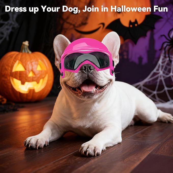Dog Helmet with Dog Goggles for Small Dogs - Pet Motorcycle Helmet Hat with Ear Holes Adjustable Straps Safety Helmet for Puppy Riding - Pink
