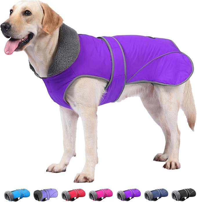 Dogcheer Dog Coat, Waterproof Dog Jacket Reflective Pet Winter Coat with Adjustable Hook & Loop, Christmas Puppy Fleece Jacket Warm Turtleneck Snowsuit for Small Medium Large Dogs - Purple, L