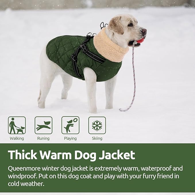 Queenmore Dog Jackets for Medium Dogs, Dog Coat with Harness Built in, Waterproof Pet Winter Coat with Zipper On Back Doggy Snowsuits Warm Pet Jacket for French Bulldog, Poodle, Corgi, ArmyGreen M