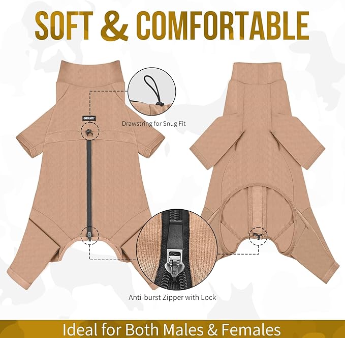 OneTigris Dog Pajamas - Breathable Modal Stretch Dog Clothes, Four-Legged Cold Weather Clothes, Anti-Shedding Suit Onesie with Back Locking Zipper and Adjustable Chest Drawcord
