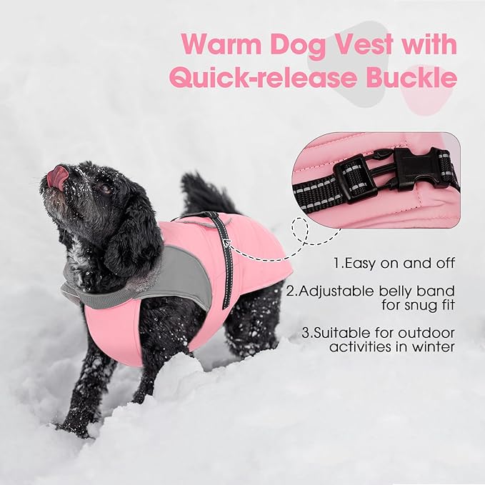 Nanaki Small Dog Coat for Winter Waterproof, Warm Fleece Lining Furry Collar Dog Jacket with Leash Hole, Reflective Adjustable Cold Weather Puppy Pet Snow Jacket Vest Outdoor Walking Hunting, Pink M