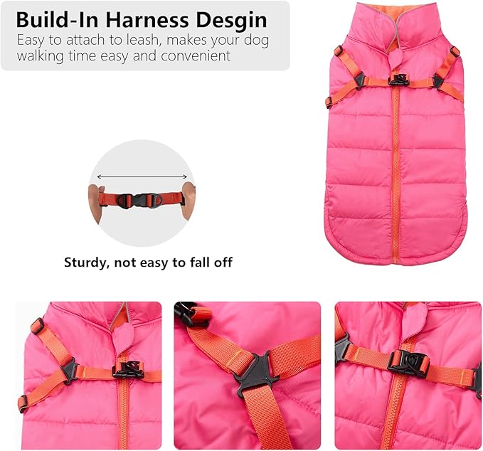 Geyecete Winter Warm Coat Waterproof Dog Winter Jacket with Harness Traction Belt,Windproof Pet Outdoor Jacket Dog Autumn-Pink-S