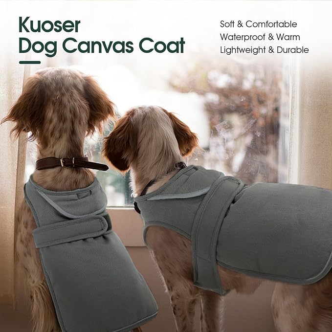 Kuoser Canvas Dog Coat, Warm Dog Jacket Reflective Fleece Pet Cold Weather Coat, Warm Doggie Clothes Waterproof Winter Vest with Zipper Leash Hole for Small Medium Large Dogs, Grey 2XL
