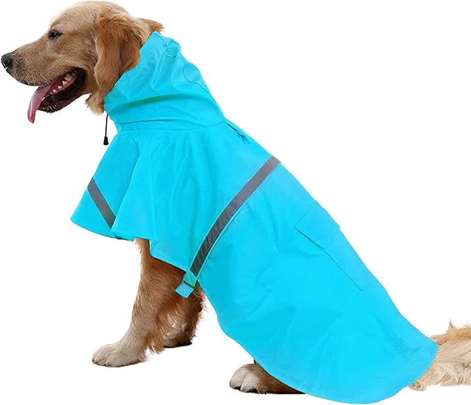 NACOCO Large Dog Raincoat Adjustable Pet Water Proof Clothes Lightweight Rain Jacket Poncho Hoodies with Strip Reflective (XL, Lake Blue)