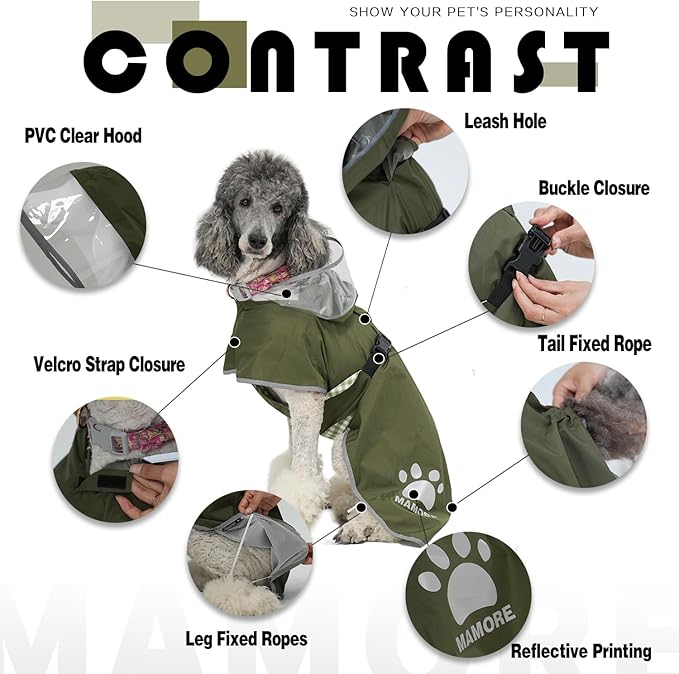 MAMORE Dog Raincoat Hooded Rain Jacket for Small Medium Large Dogs Slicker Poncho Bottom Waterproof Adjustable Reflective Breathable Leash Hole (Army Green, Small)