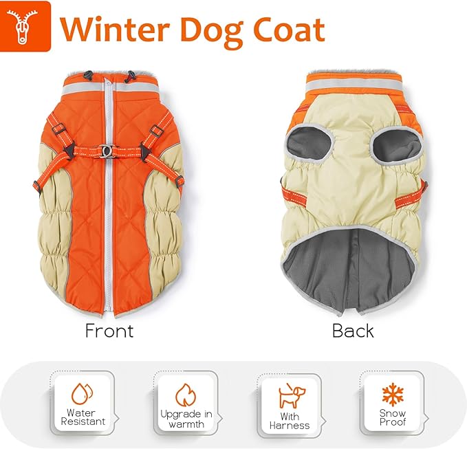 Dog Winter Coat with Harness, Dog Jacket, Pet Clothes with Zipper on Back, Waterproof Windproof Warm Vest, Reflective Cold Weather Coats, for Small Medium Large Dogs, Thick, Orange, 2XL