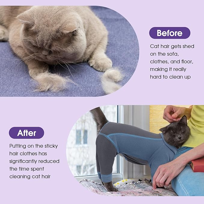 SUNFURA Hair Sticky Cat Clothes, Cat Sweater for Cats Only, 4-Legged Fleece Sweaters Kitten Pajamas Reduce Shedding Fur, Warm Pullover Shirts for Cats, Blue M