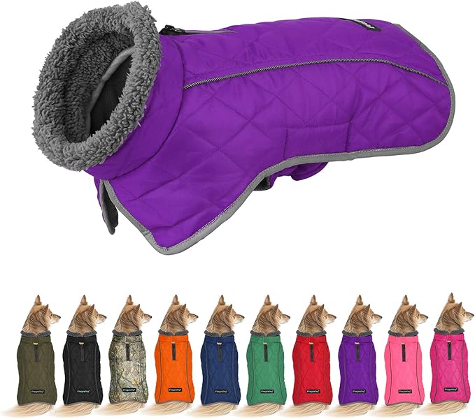 Fragralley Dog Coat Large, Waterproof Dog Jacket with Warm Fleece Lining, Adjustable Reflective Dogs Winter Coat, Turtleneck Pet Coats for Cold Weather (Purple L)