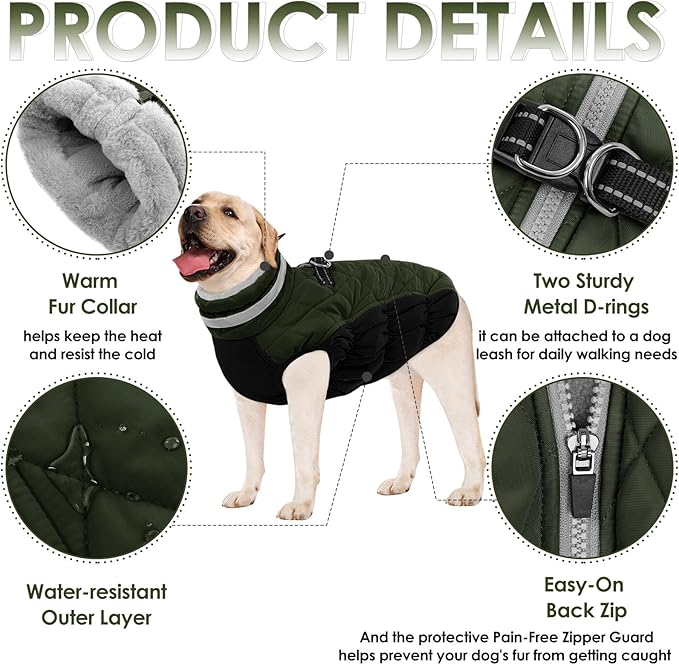 AOFITEE Dog Coat, Warm Dog Winter Coat, Reflective Turtleneck Large Dogs Jacket with Harness Built in, Turtleneck Pet Winter Jacket, Waterproof Pet Snow Jackets Fleece Vest, Green XL