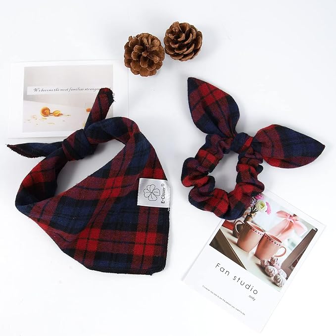 E-Clover Christmas Red Dog Bandanas & Matching Scrunchie Set Plaid Dog Scarf Bibs for Medium Large Dogs Girl Boy Pet Owner Gift Blue