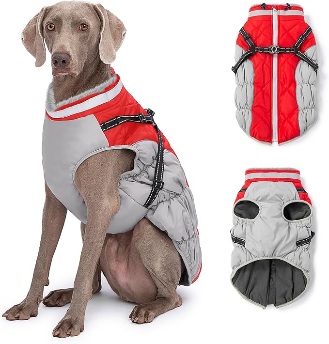 Dog Winter Coat with Harness, Dog Jacket, Pet Clothes with Zipper on Back, Waterproof Windproof Warm Vest, Reflective Cold Weather Coats, for Small Medium Large Dogs, Thick, Red, 3XL